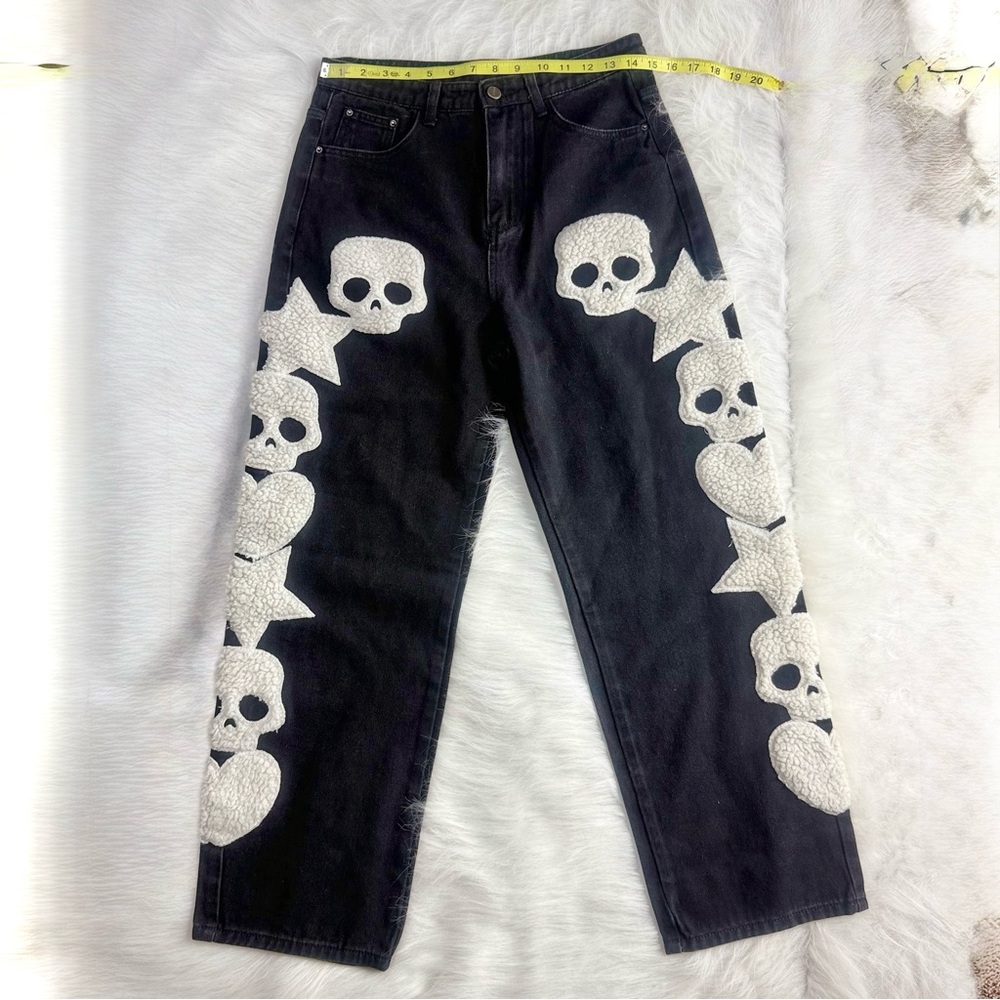 Made Extreme BLACKAIR Skull Patch Baggy Jeans Size M -Y2K Streetwear Black Denim